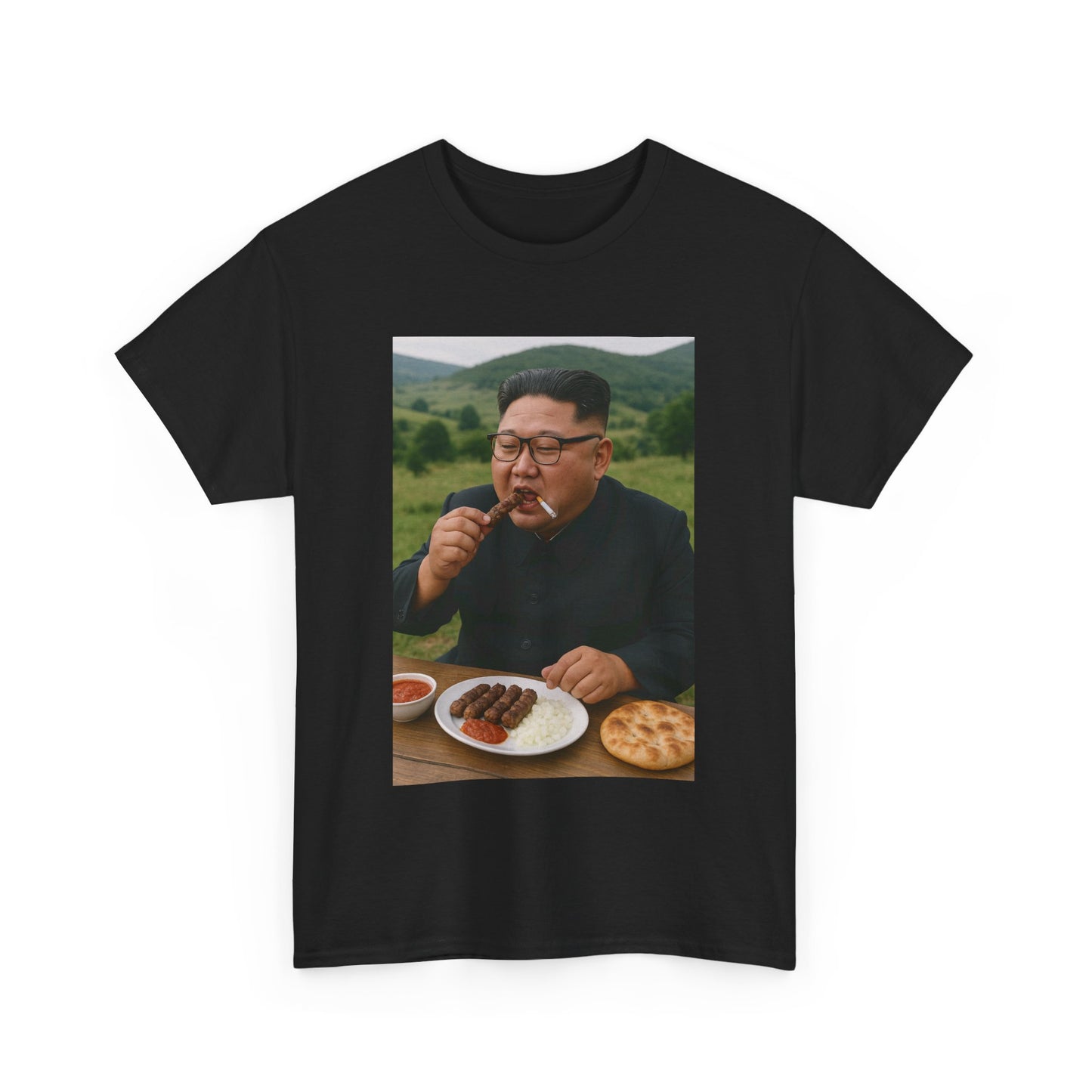 Kim eating Cevapi Balkan Korean Fusion Streetwear Tee - Unisex Heavy Cotton Tee with Artistic Flair
