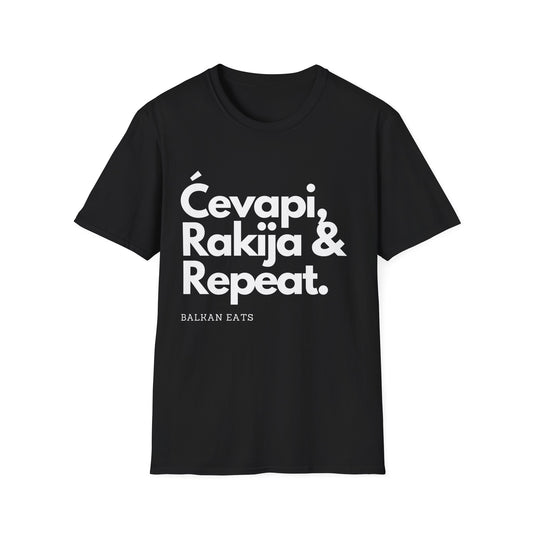 Cevapi, Rakija & Repeat Unisex T-Shirt - Balkan Eats Graphic Tee
