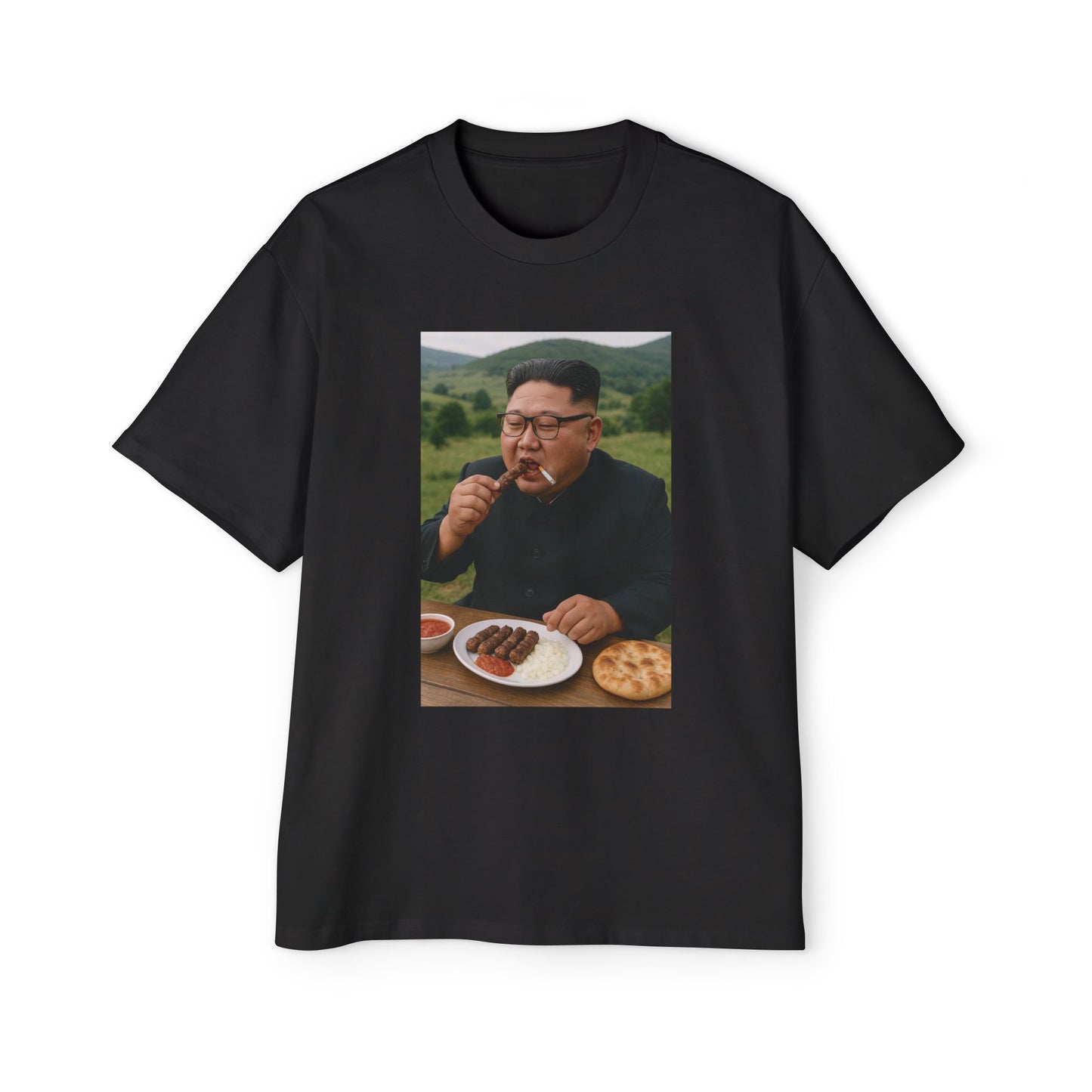 Balkan Kim Enjoying a Cigara and Cevapi - Mens Oversized Tee