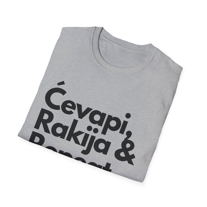 Cevapi, Rakija & Repeat Unisex T-Shirt - Balkan Eats Graphic Tee
