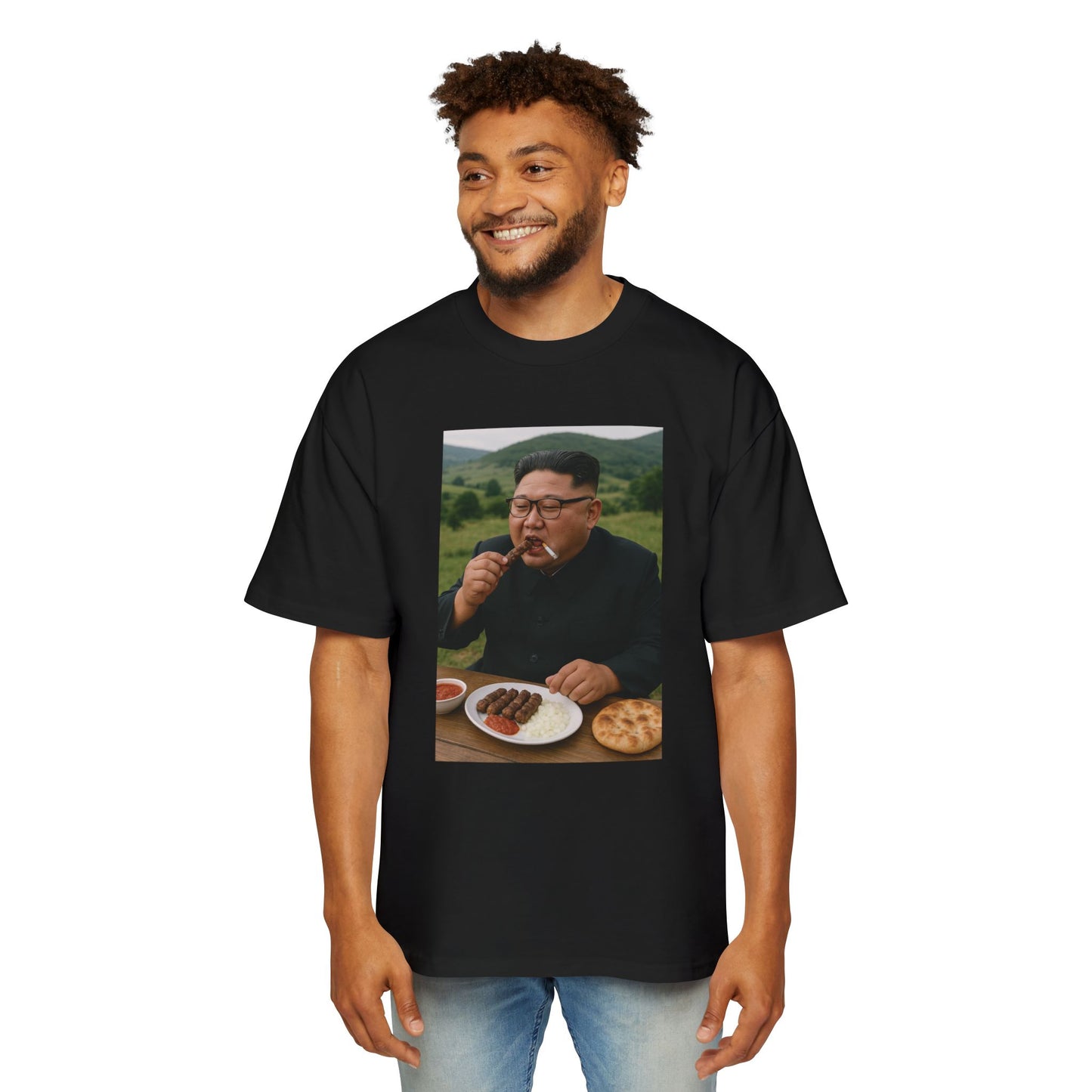 Balkan Kim Enjoying a Cigara and Cevapi - Mens Oversized Tee