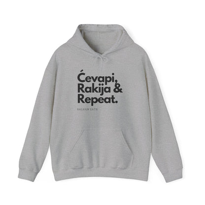 Balkan Eats Hoodie - Ćevapi, Rakija & Repeat - Unisex Heavy Blend