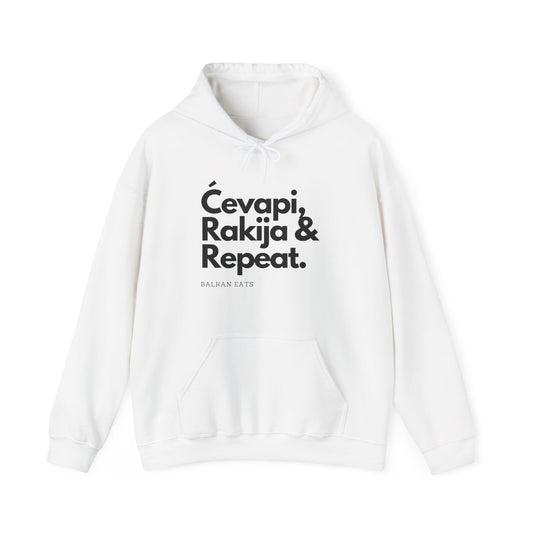Balkan Eats Hoodie - Ćevapi, Rakija & Repeat - Unisex Heavy Blend