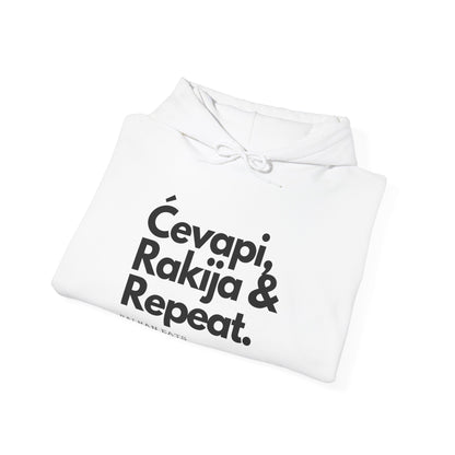 Balkan Eats Hoodie - Ćevapi, Rakija & Repeat - Unisex Heavy Blend