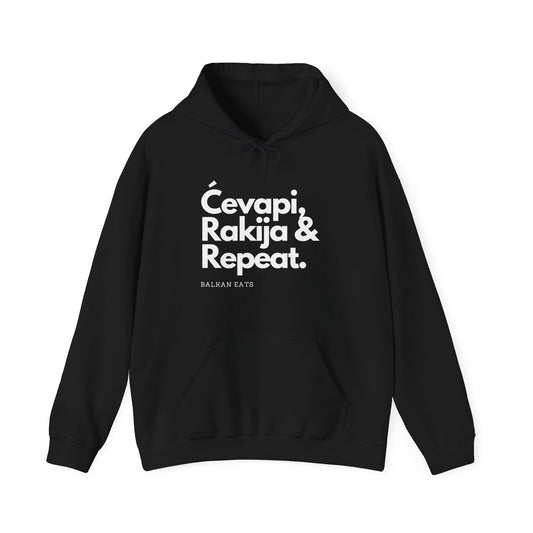 Balkan Eats Hoodie - Ćevapi, Rakija & Repeat - Unisex Heavy Blend