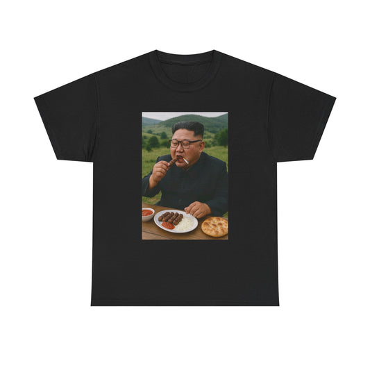 Kim eating Cevapi Balkan Korean Fusion Streetwear Tee - Unisex Heavy Cotton Tee with Artistic Flair