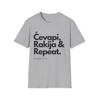 Cevapi, Rakija & Repeat Unisex T-Shirt - Balkan Eats Graphic Tee