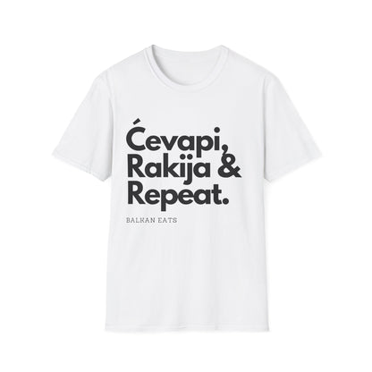 Cevapi, Rakija & Repeat Unisex T-Shirt - Balkan Eats Graphic Tee