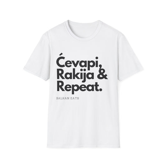 Cevapi, Rakija & Repeat Unisex T-Shirt - Balkan Eats Graphic Tee